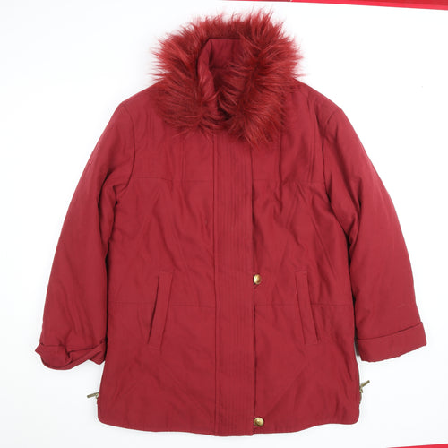 Damart Women Red Faux Fur Trim Mid-Length Parka Coat Size 16