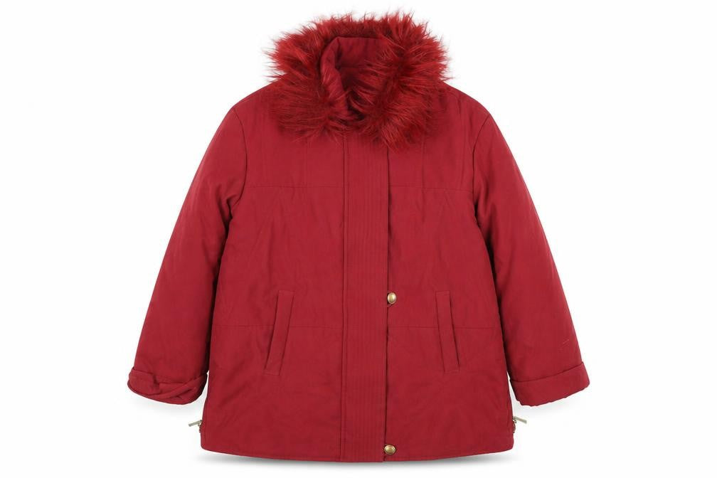 Damart Women Red Faux Fur Trim Mid-Length Parka Coat Size 16