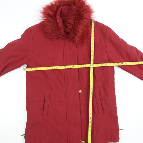 Damart Women Red Faux Fur Trim Mid-Length Parka Coat Size 16