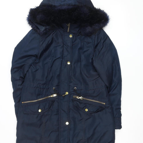 M&Co Unisex Blue Faux Fur Trim Hooded Parka Coat Size 10