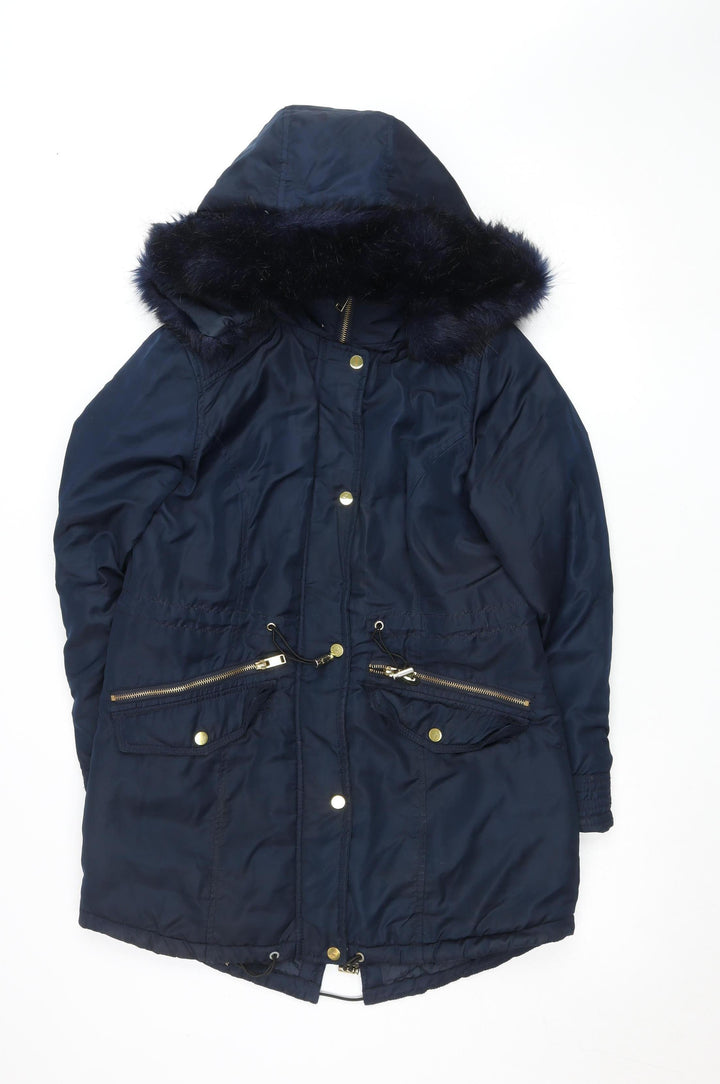 M&Co Unisex Blue Faux Fur Trim Hooded Parka Coat Size 10
