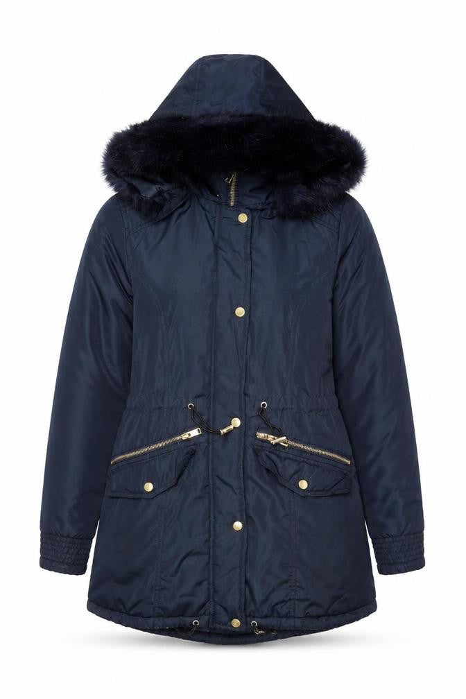M&Co Unisex Blue Faux Fur Trim Hooded Parka Coat Size 10