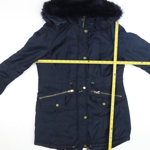 M&Co Unisex Blue Faux Fur Trim Hooded Parka Coat Size 10