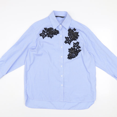 Zara Woman Blue Striped Floral Lace Button-Up Shirt Size 12
