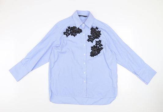 Zara Woman Blue Striped Floral Lace Button-Up Shirt Size 12