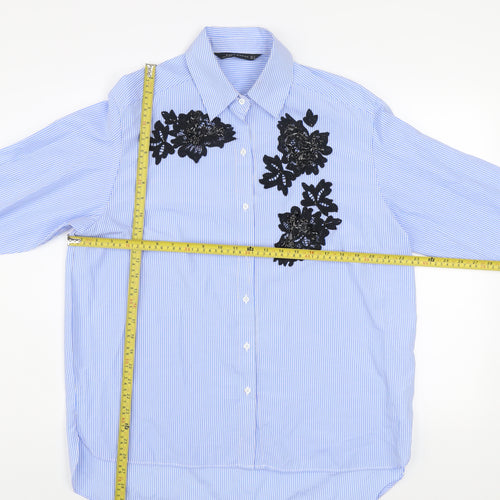 Zara Woman Blue Striped Floral Lace Button-Up Shirt Size 12