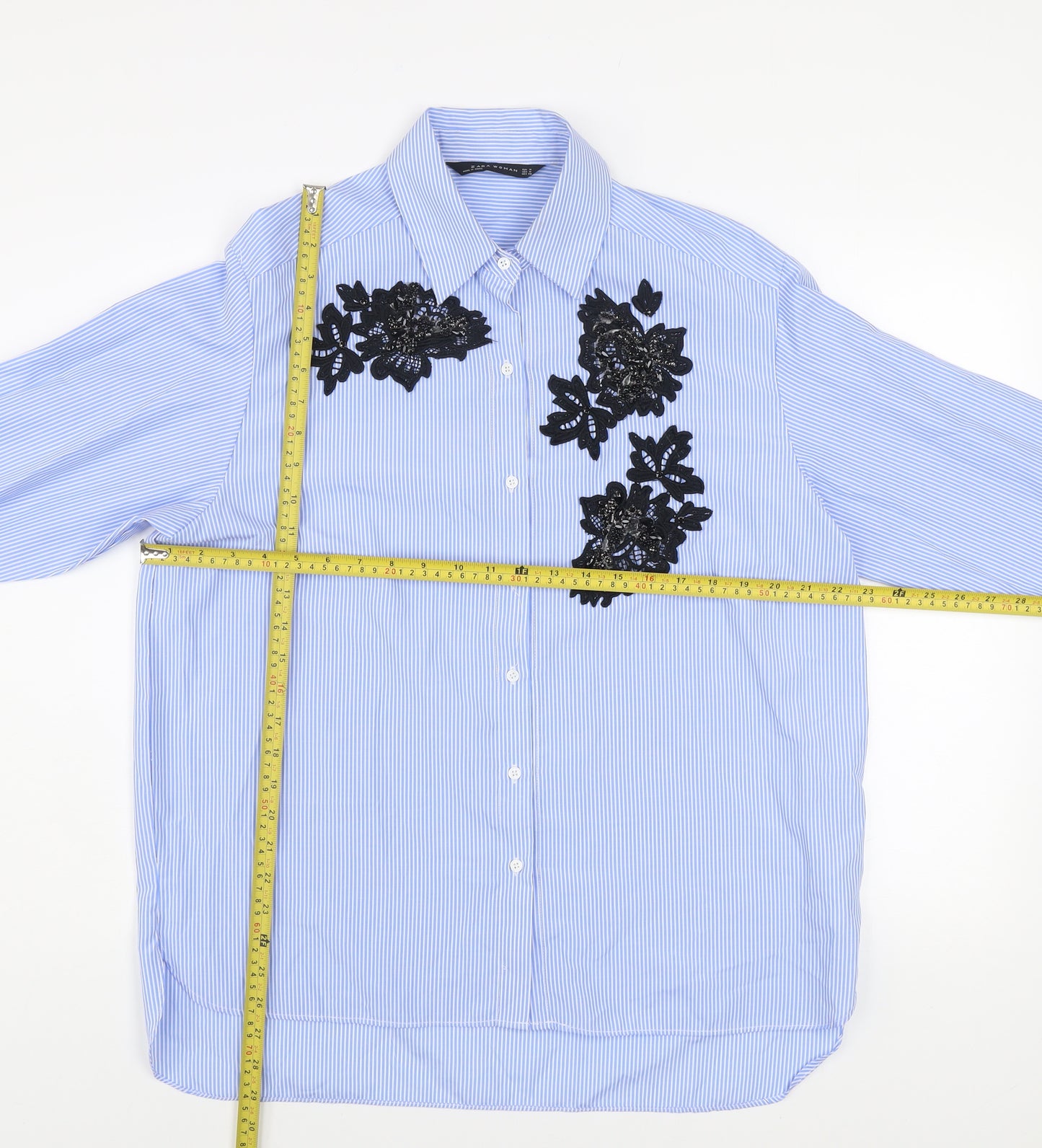 Zara Woman Blue Striped Floral Lace Button-Up Shirt Size 12