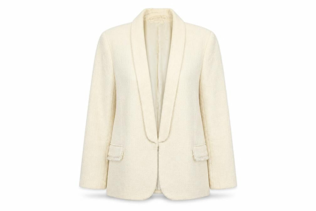 Front view of Mango Women Beige Tweed Blazer Jacket Lined, size L