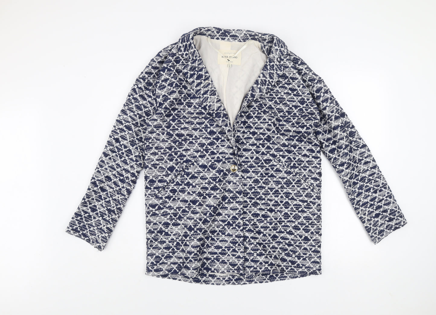 River Island Women Blue Geometric Blazer Jacket Size 8