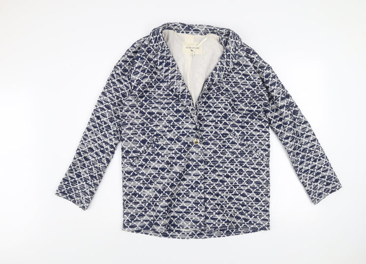 River Island Women Blue Geometric Blazer Jacket Size 8