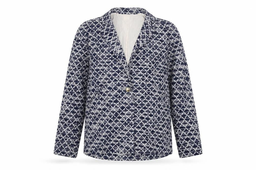 Front view of River Island Women Blue Geometric Blazer Jacket, size 8