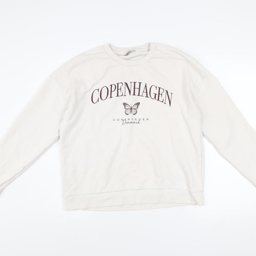 Stradivarius Women Beige Copenhagen Print Pullover Sweatshirt L