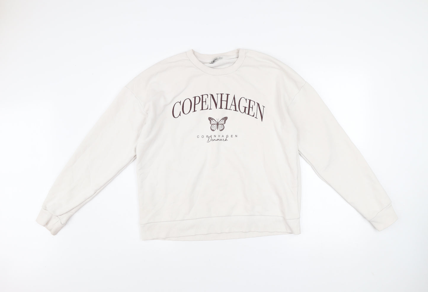 Stradivarius Women Beige Copenhagen Print Pullover Sweatshirt L