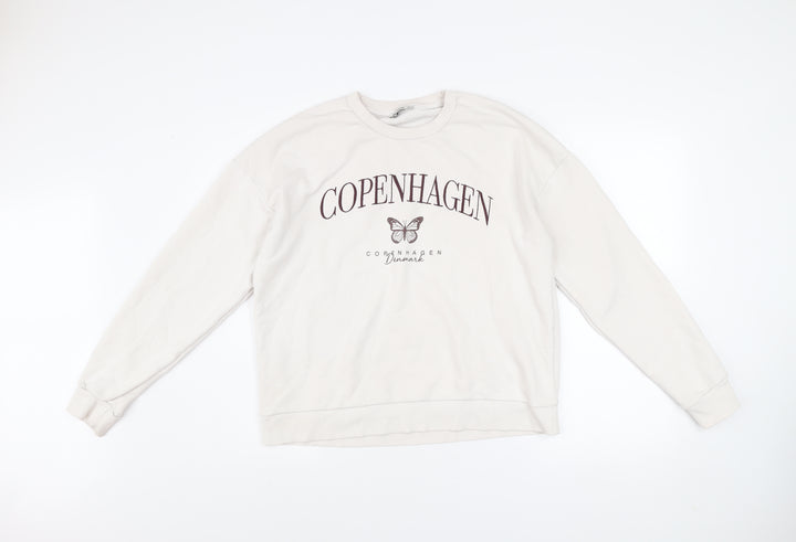Stradivarius Women Beige Copenhagen Print Pullover Sweatshirt L
