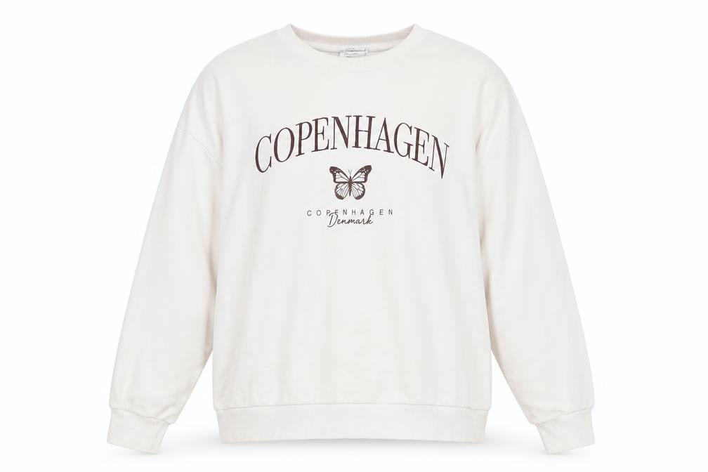 Front view of Stradivarius Women Beige Copenhagen Print Pullover Sweatshirt L