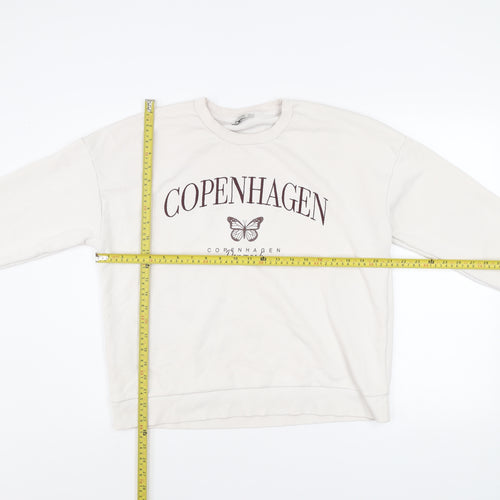 Stradivarius Women Beige Copenhagen Print Pullover Sweatshirt L