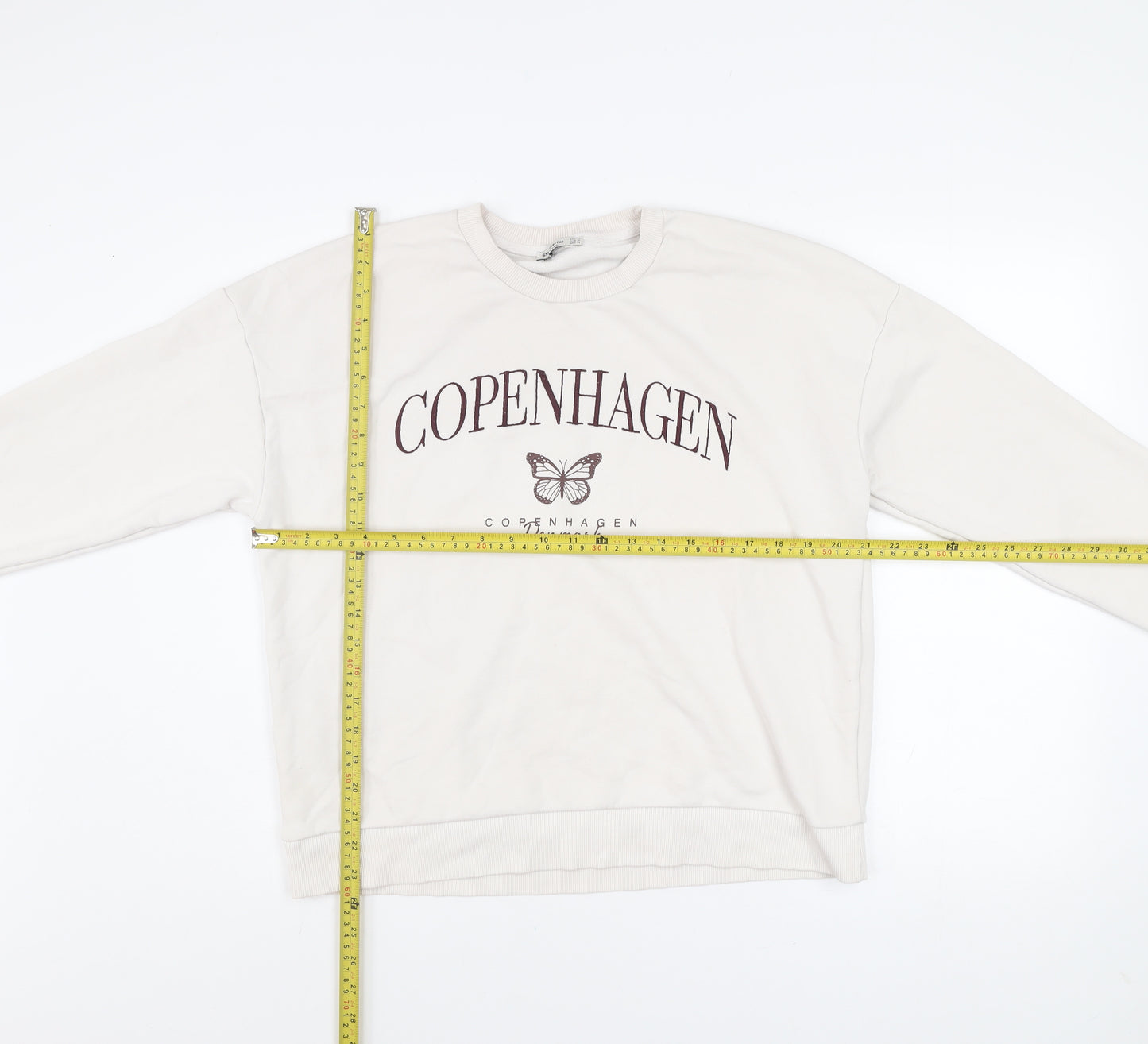 Stradivarius Women Beige Copenhagen Print Pullover Sweatshirt L
