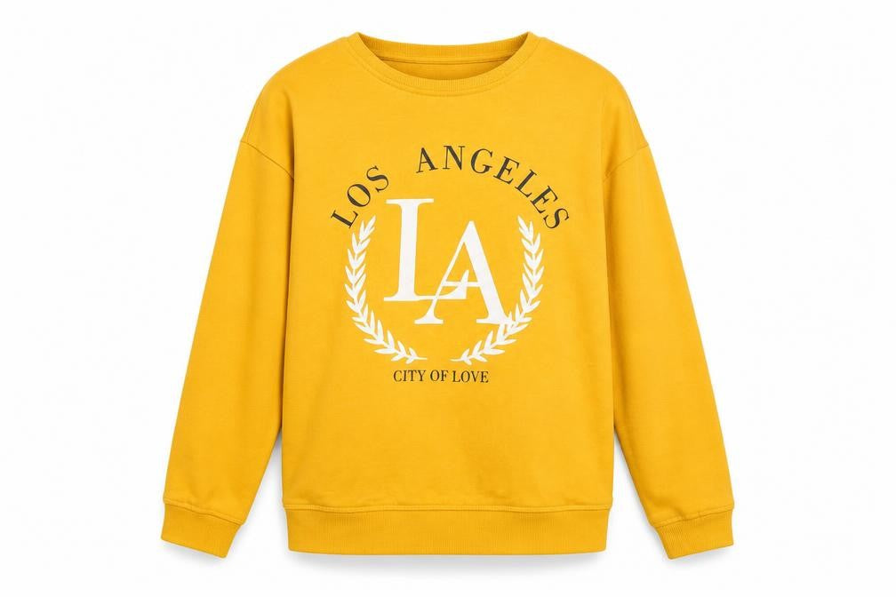 Front view of Primark girls’ yellow la pullover sweatshirt 13-14 years graphic print