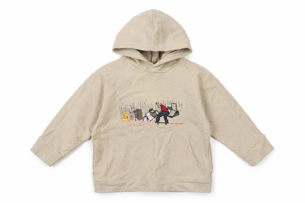 Front view of Next boys’ beige hoodie 5 years pullover embroidered skateboard graphic