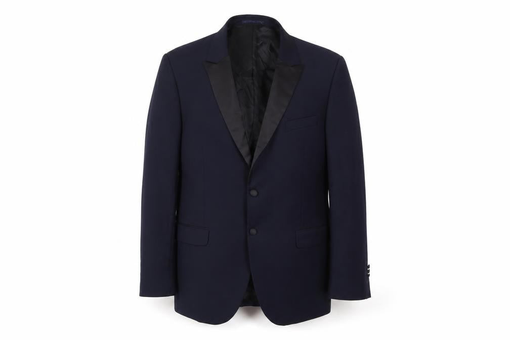Front view of Hawes & Curtis Men's Blue Slim Fit Shawl Lapel Wool Blazer 46R