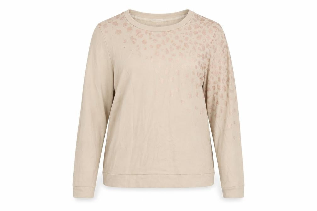 Front view of Oasis women’s beige animal print pullover sweatshirt size large