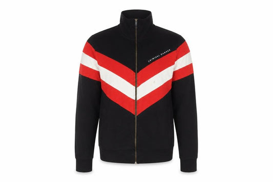 Front view of Criminal Damage Men's Black Red White Track Jacket, size S, Full Zip