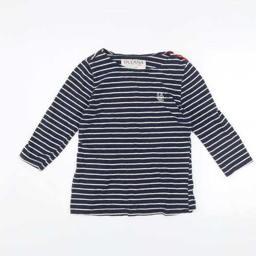 Oceana Women Blue Striped 3/4 Sleeve Boat Neck Cotton Top Small
