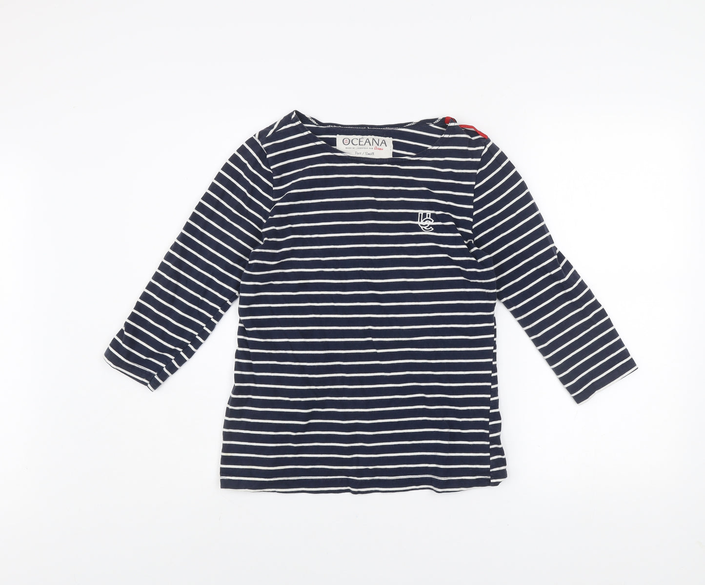Oceana Women Blue Striped 3/4 Sleeve Boat Neck Cotton Top Small