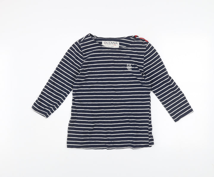 Oceana Women Blue Striped 3/4 Sleeve Boat Neck Cotton Top Small