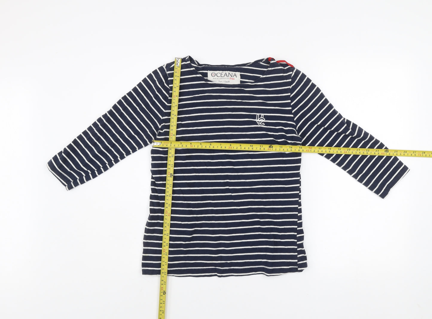 Oceana Women Blue Striped 3/4 Sleeve Boat Neck Cotton Top Small