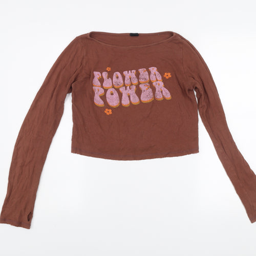 Bershka Womens Brown Flower Power Cropped Long Sleeve T-Shirt Size S