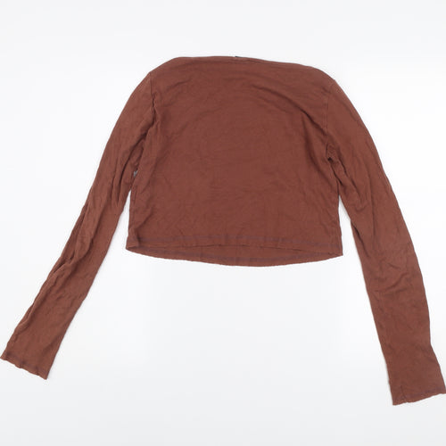Bershka Womens Brown Flower Power Cropped Long Sleeve T-Shirt Size S