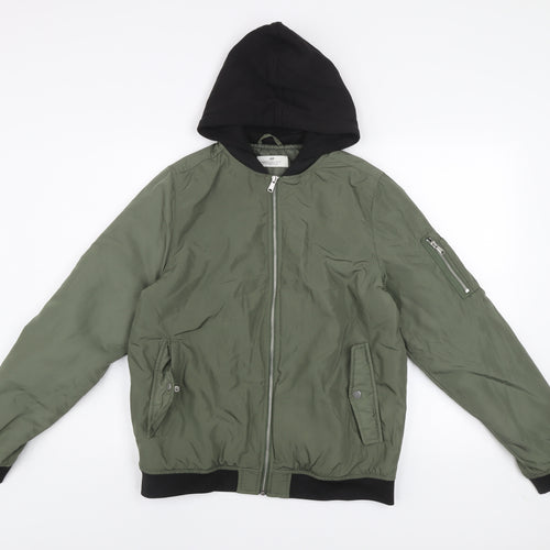 H&M Boys Green Hooded Bomber Jacket 14 Years Lined Full Zip Casual