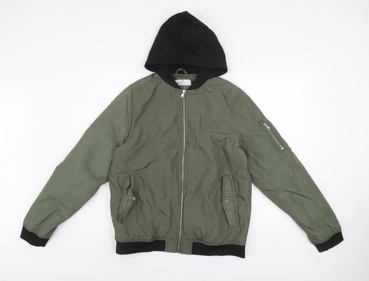 H&M Boys Green Hooded Bomber Jacket 14 Years Lined Full Zip Casual