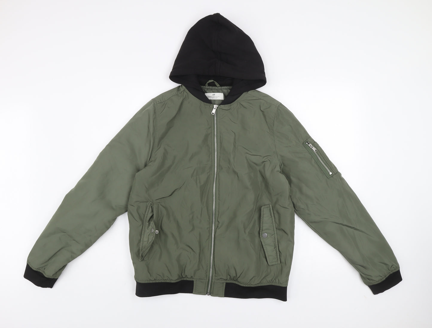 H&M Boys Green Hooded Bomber Jacket 14 Years Lined Full Zip Casual