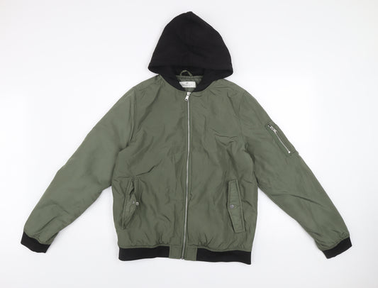 H&M Boys Green Hooded Bomber Jacket 14 Years Lined Full Zip Casual