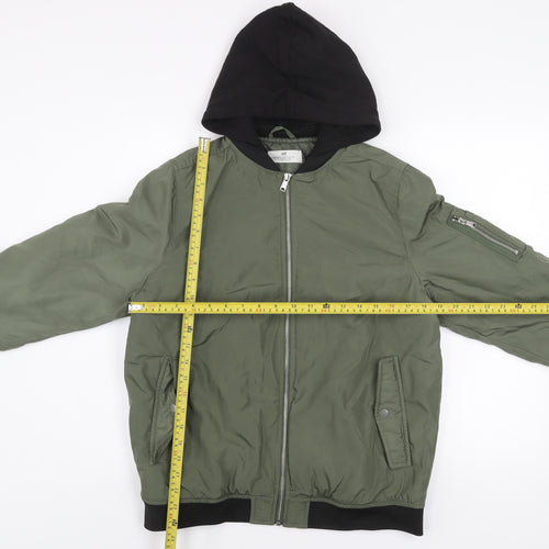 H&M Boys Green Hooded Bomber Jacket 14 Years Lined Full Zip Casual