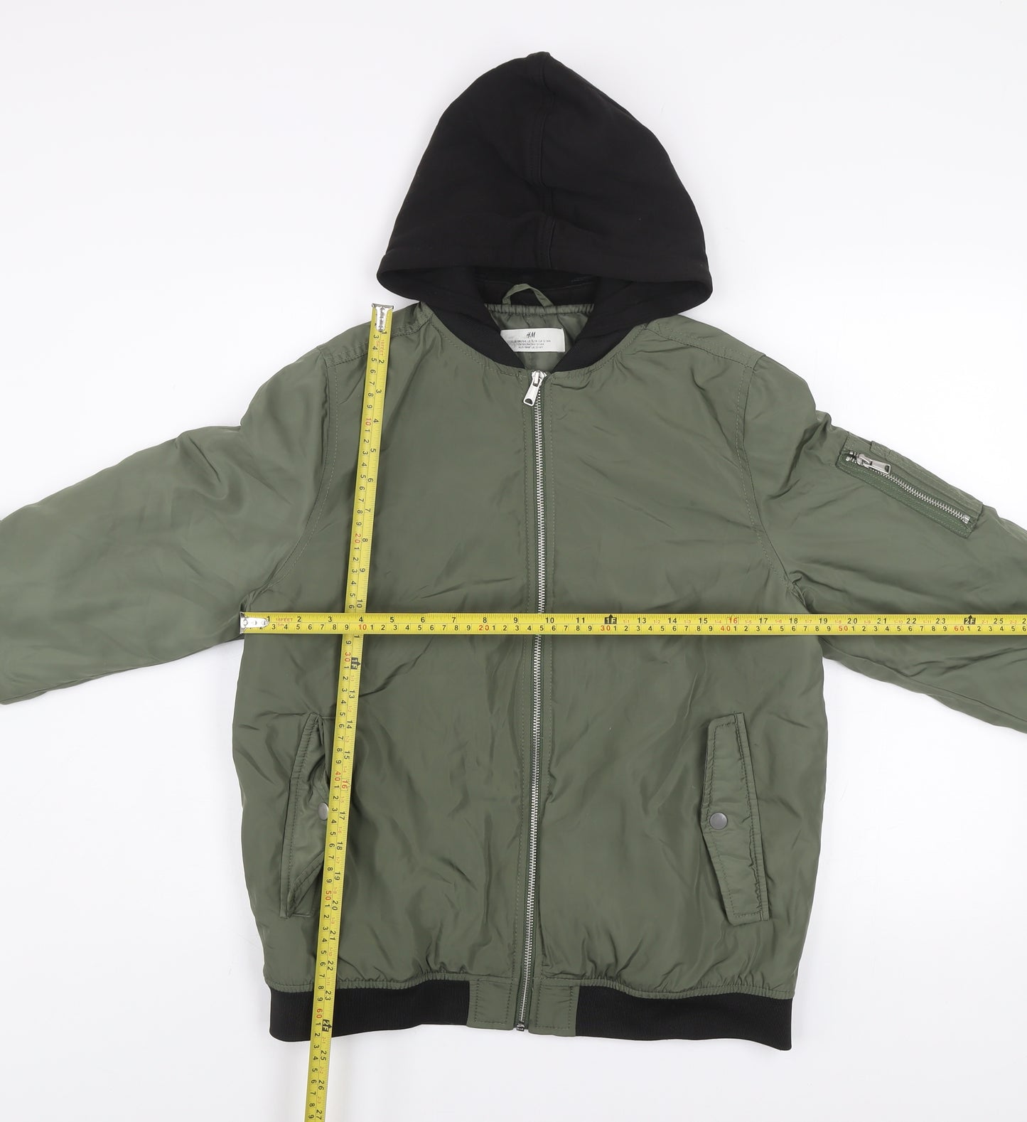 H&M Boys Green Hooded Bomber Jacket 14 Years Lined Full Zip Casual