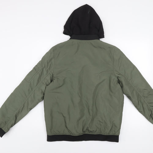 H&M Boys Green Hooded Bomber Jacket 14 Years Lined Full Zip Casual