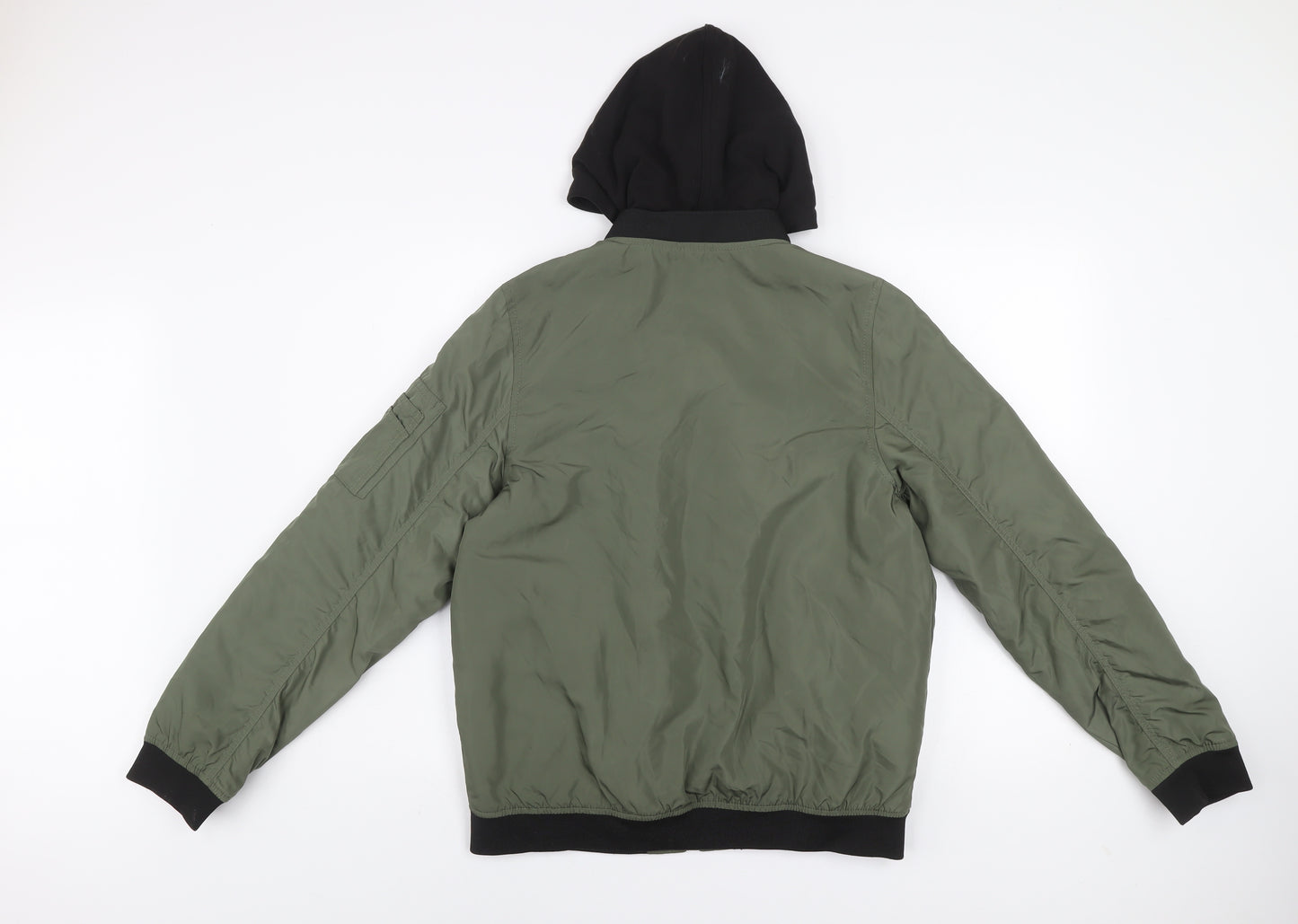H&M Boys Green Hooded Bomber Jacket 14 Years Lined Full Zip Casual