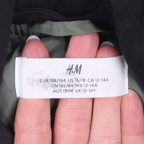 H&M Boys Green Hooded Bomber Jacket 14 Years Lined Full Zip Casual