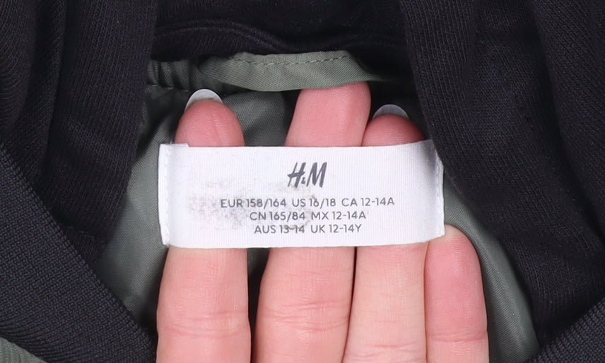 H&M Boys Green Hooded Bomber Jacket 14 Years Lined Full Zip Casual