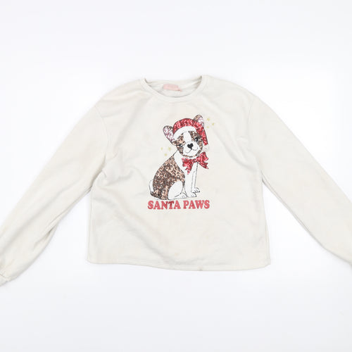 Lipsy Girls Ivory Christmas Dog Sequin Santa Paws Pullover Sweatshirt 13-14Y