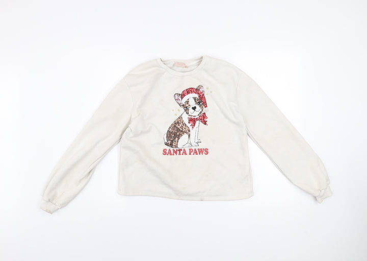 Lipsy Girls Ivory Christmas Dog Sequin Santa Paws Pullover Sweatshirt 13-14Y