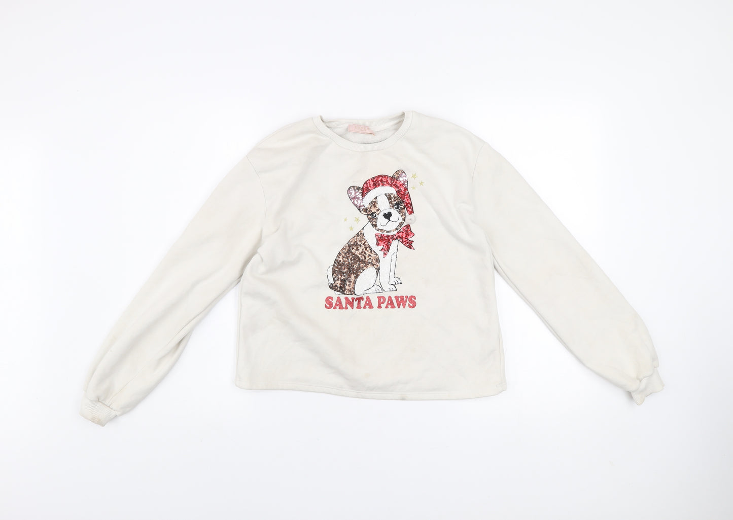 Lipsy Girls Ivory Christmas Dog Sequin Santa Paws Pullover Sweatshirt 13-14Y