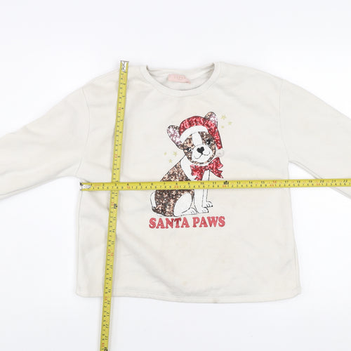 Lipsy Girls Ivory Christmas Dog Sequin Santa Paws Pullover Sweatshirt 13-14Y