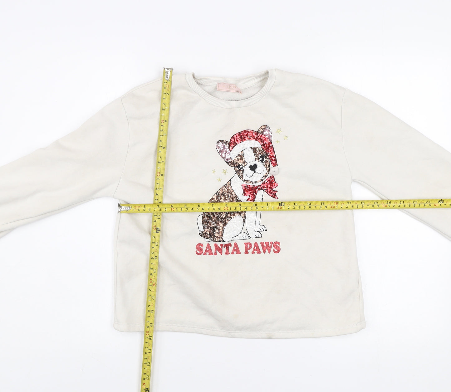 Lipsy Girls Ivory Christmas Dog Sequin Santa Paws Pullover Sweatshirt 13-14Y