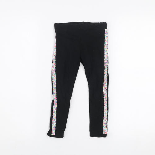H&M Girls Black Floral Side Stripe Cotton Stretch Ankle Leggings 4 Years