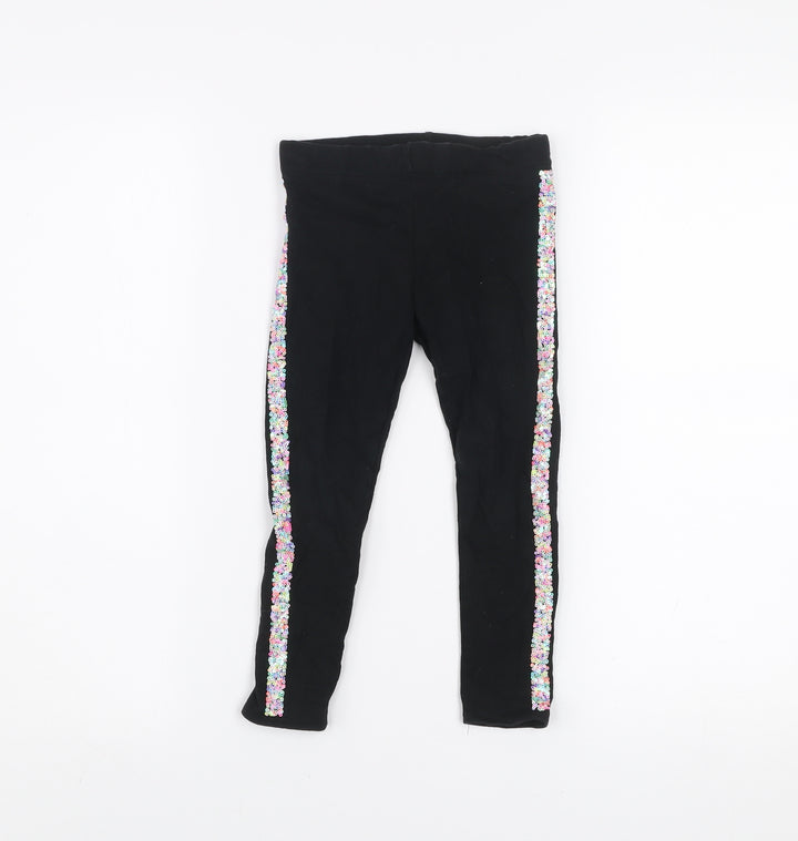 H&M Girls Black Floral Side Stripe Cotton Stretch Ankle Leggings 4 Years