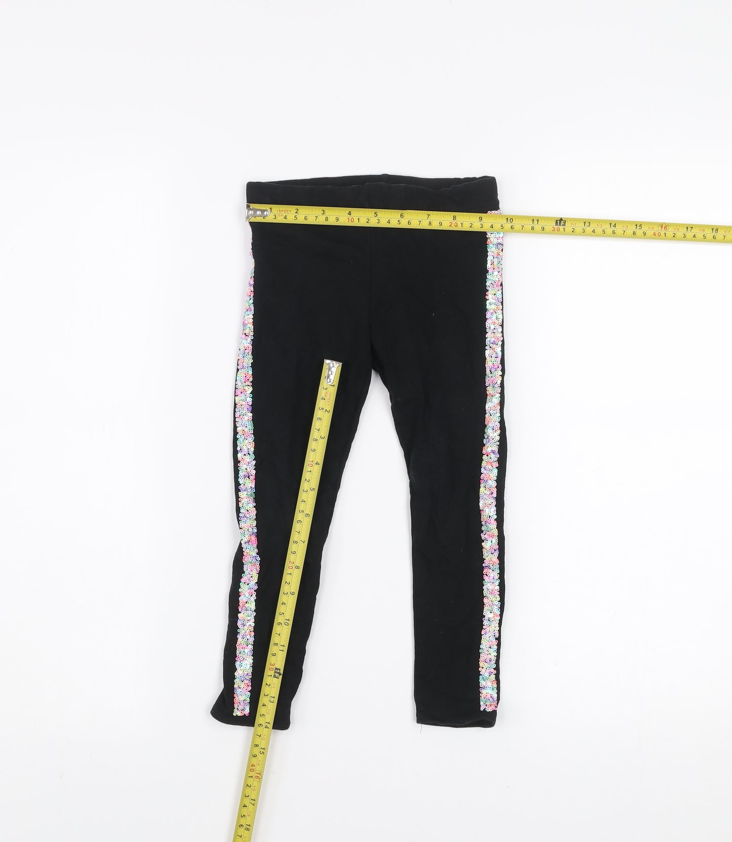 H&M Girls Black Floral Side Stripe Cotton Stretch Ankle Leggings 4 Years